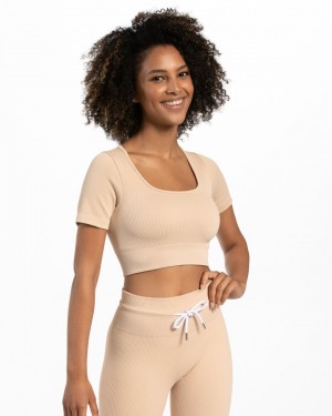 Hauts Teveo Nervuré Crop Femme Beige | 9421-YFNKB