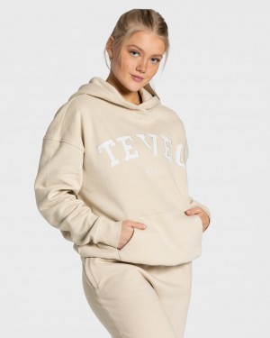 Sweat a Capuche Teveo College Oversized Femme Beige | 9165-JGLAB