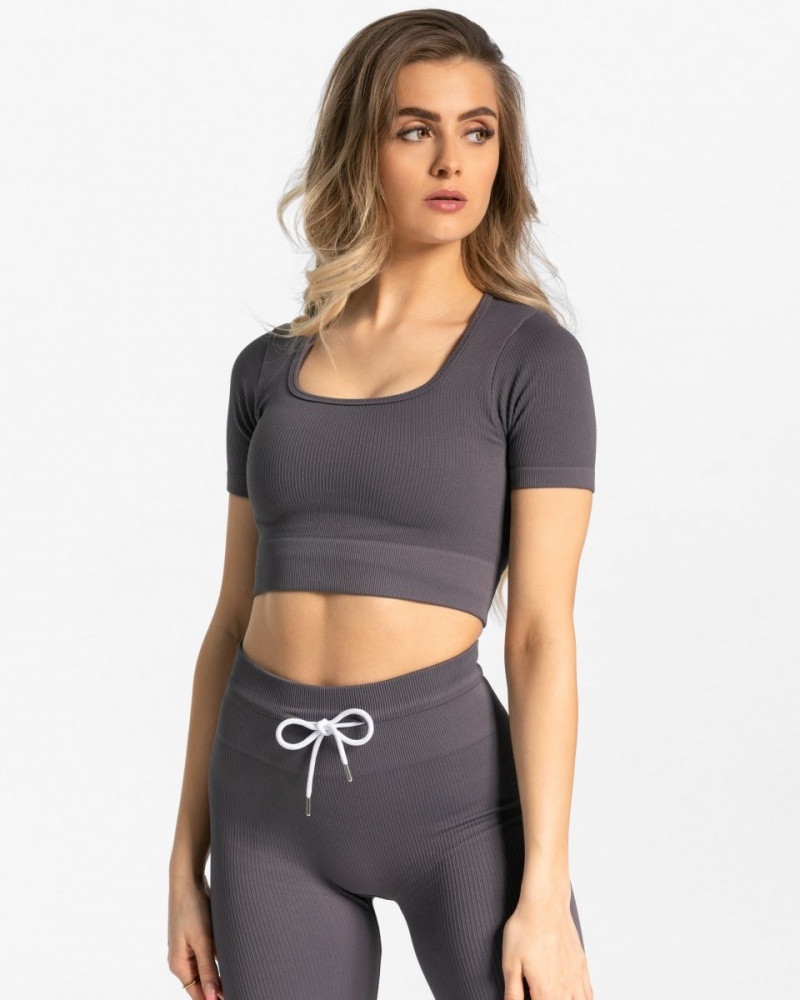 Hauts Teveo Nervuré Crop Femme Grise | 6153-HCFNR