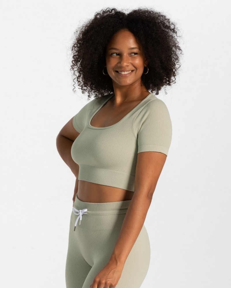 Hauts Teveo Nervuré Crop Femme Vert Olive | 0461-KZXUA