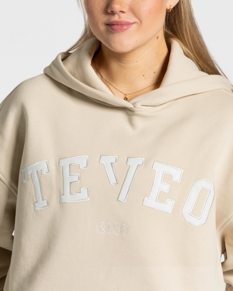 Sweat a Capuche Teveo College Oversized Femme Beige | 9165-JGLAB