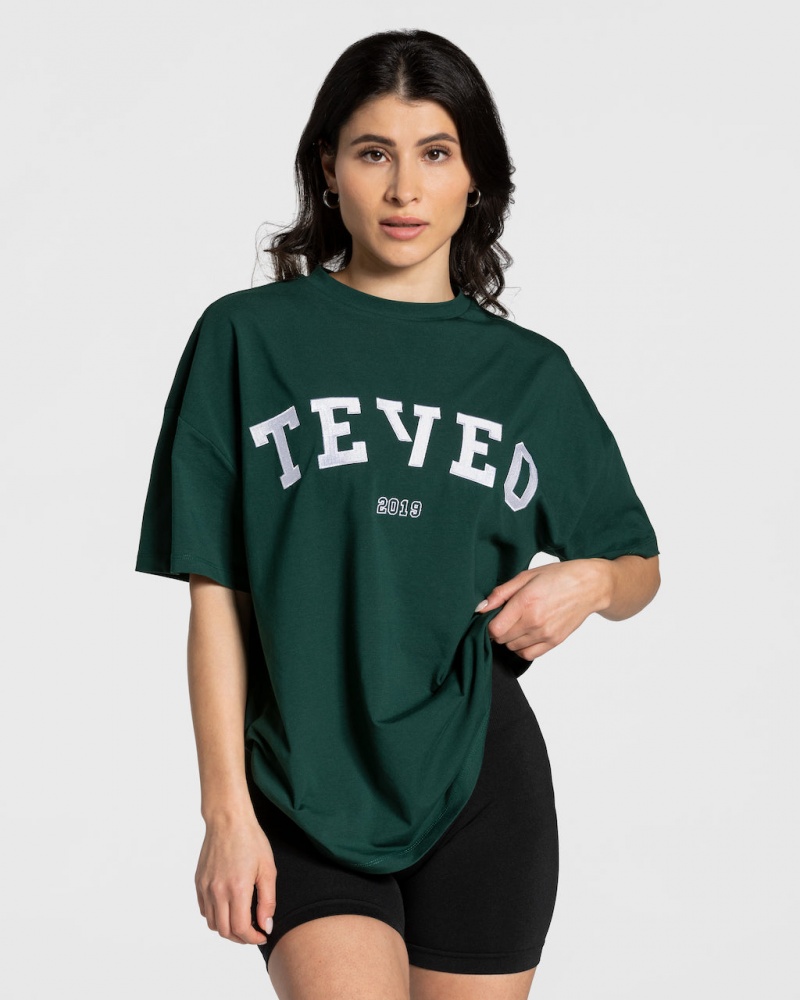 T Shirts Teveo College Oversized Femme Vert Foncé | 3865-JWLQH