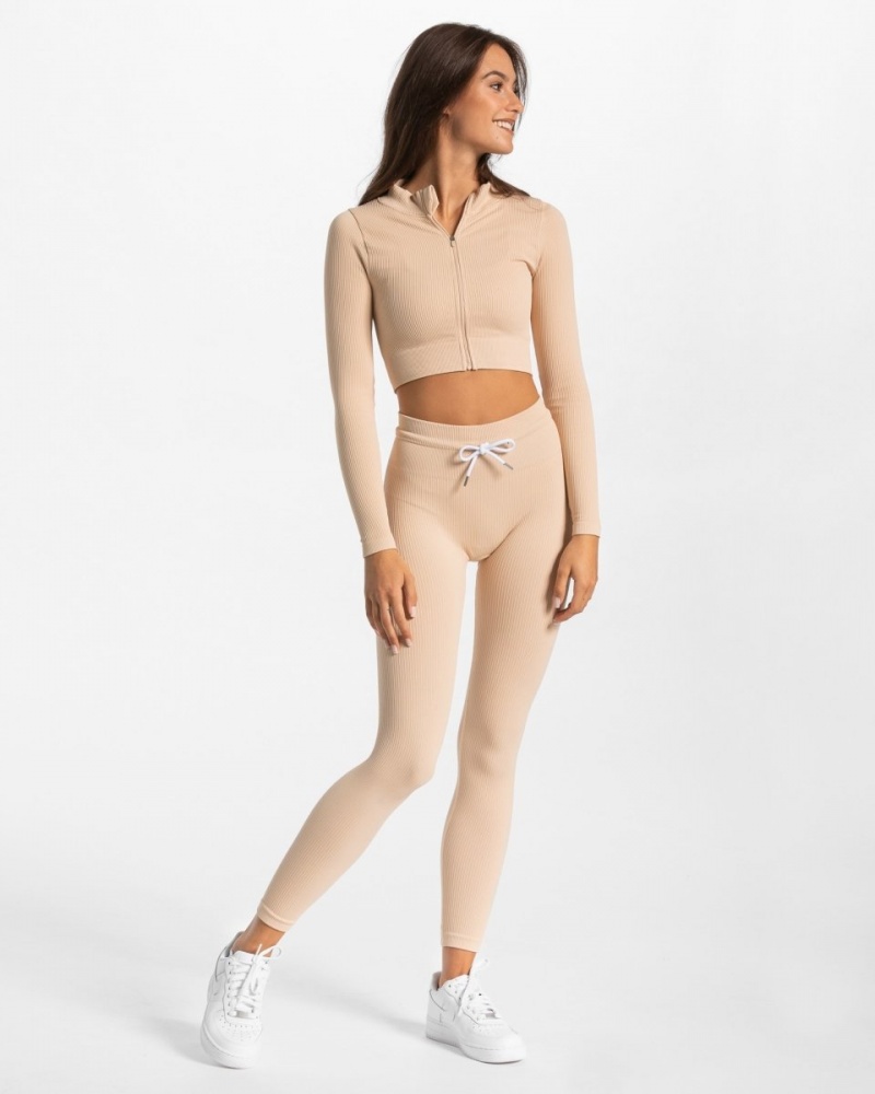 Vestes Teveo Nervuré Zip Femme Beige | 1832-TUQZM