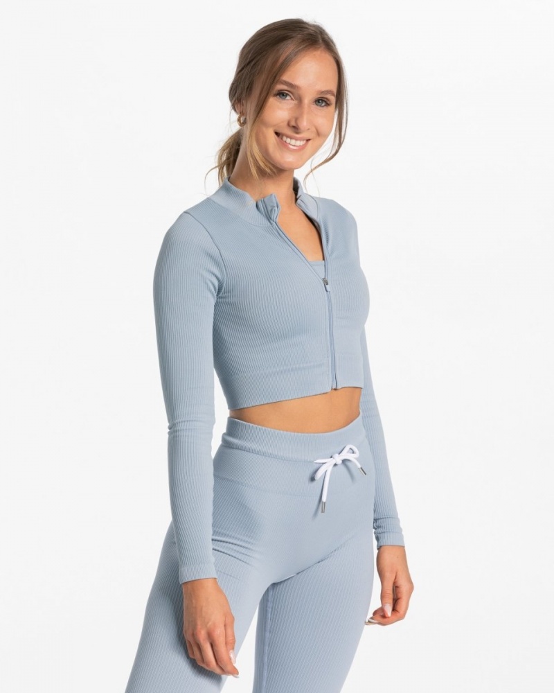 Vestes Teveo Nervuré Zip Femme Grise Bleu | 4032-DOKNC